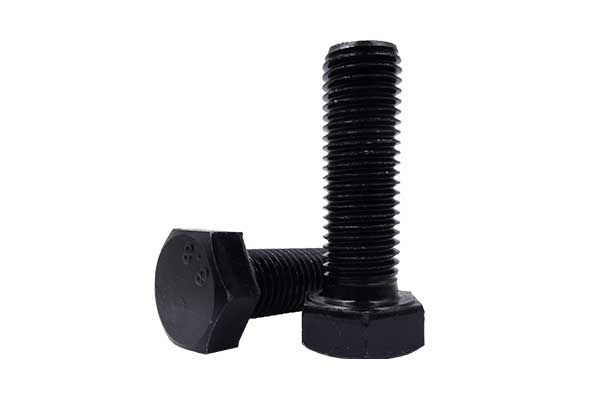 Two black carbon steel DIN933 hex head bolts