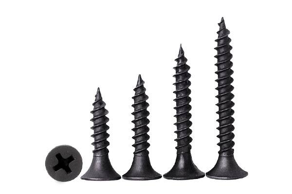 Five black carbon steel Drywall Screws