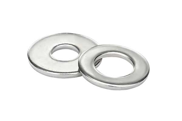 Two silver stainless steel flat washers