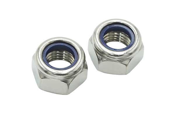 Two silver stainless steel nylon lock nuts