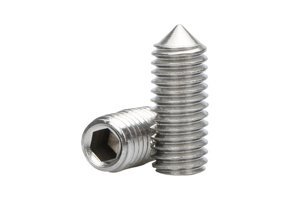 One horizontal and one vertical galvanized silver DIN914 standard hexagon socket set screws with cone point