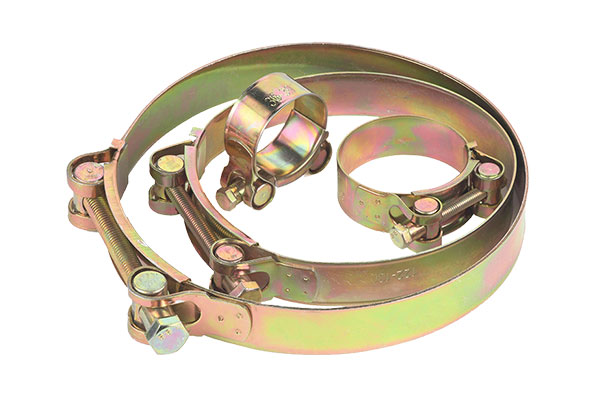 Electro-galvanized yellow heavy duty hose clamp shown from four different angles