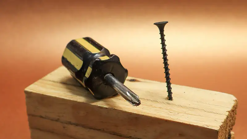Screwdriver and screw on wood