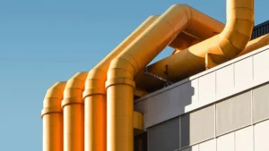 Yellow industrial pipes against blue sky
